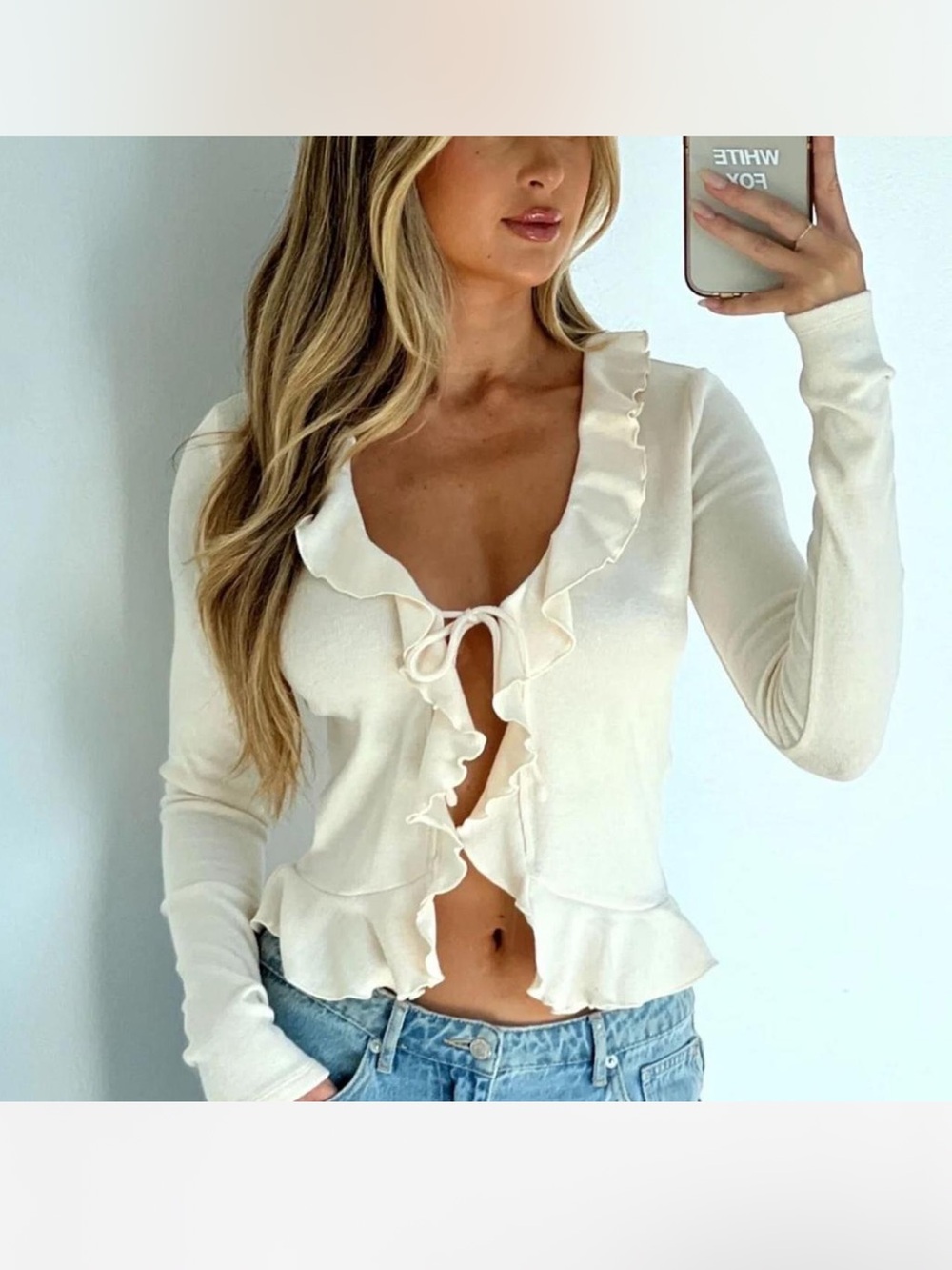 White Fox So Famous Long Sleeve Ruffle Knit Top Cream Size S